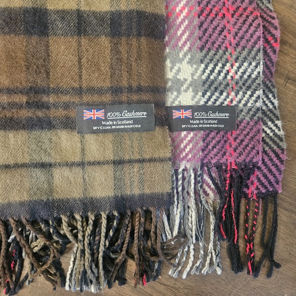 Scottish Cashmere Plaid Preppy Tartan Scarf Fringe Scotland Brown Purple - Picture 2 of 6